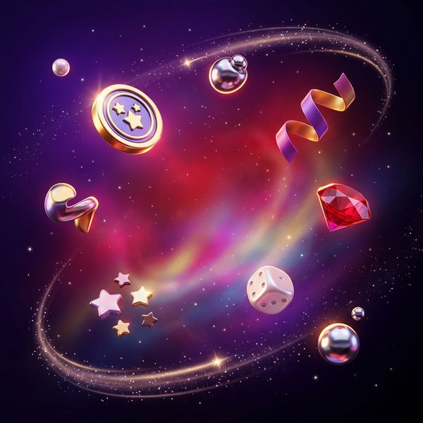 Glossy casino chips and gold dice floating in cosmic purple glow