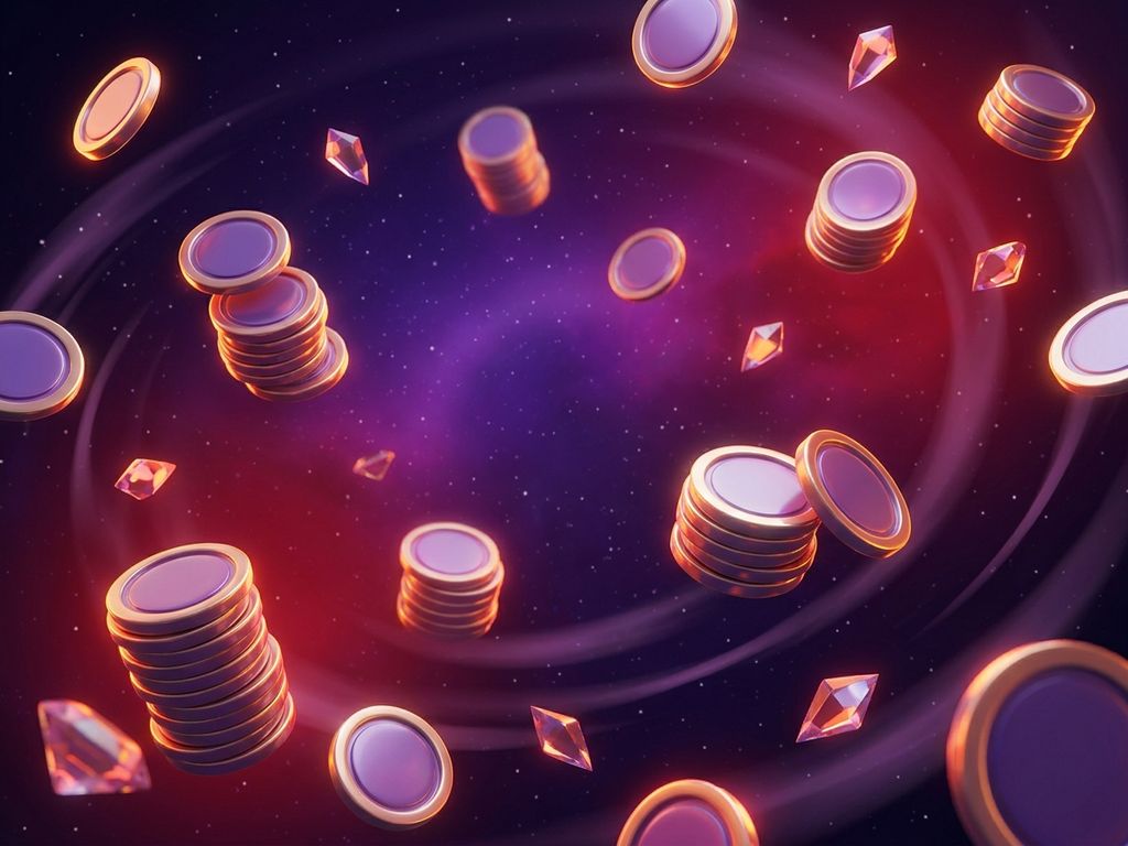 Stacked glossy coins with gold accents against deep violet backdrop