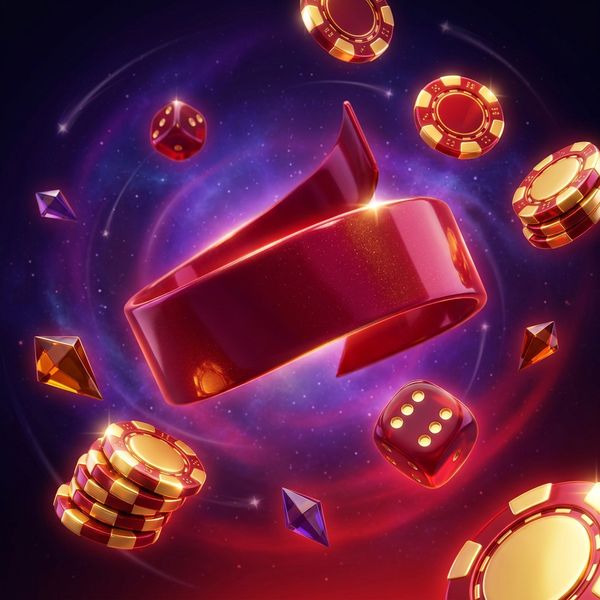Golden welcome bonus ribbon amid glossy floating casino chips